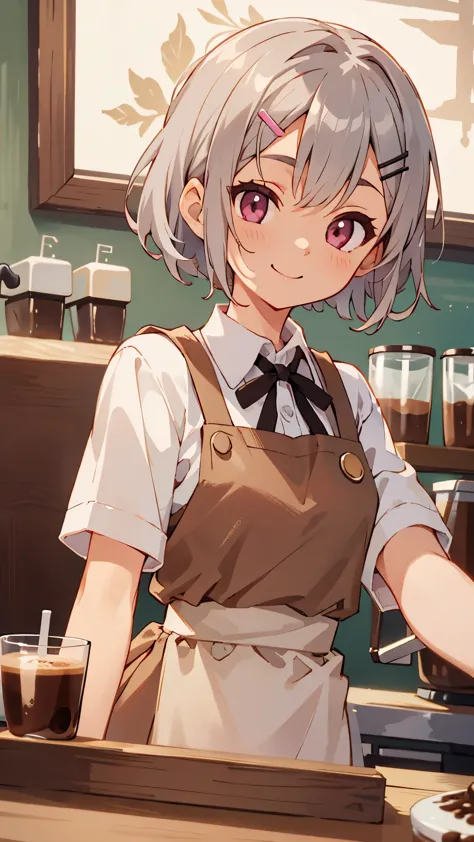 anime painting、１girl、alone、coffee shop、Silver and bob short hairstyle、Hair tied up with a hair clip、Pink Eyes、smile、Upper body c...