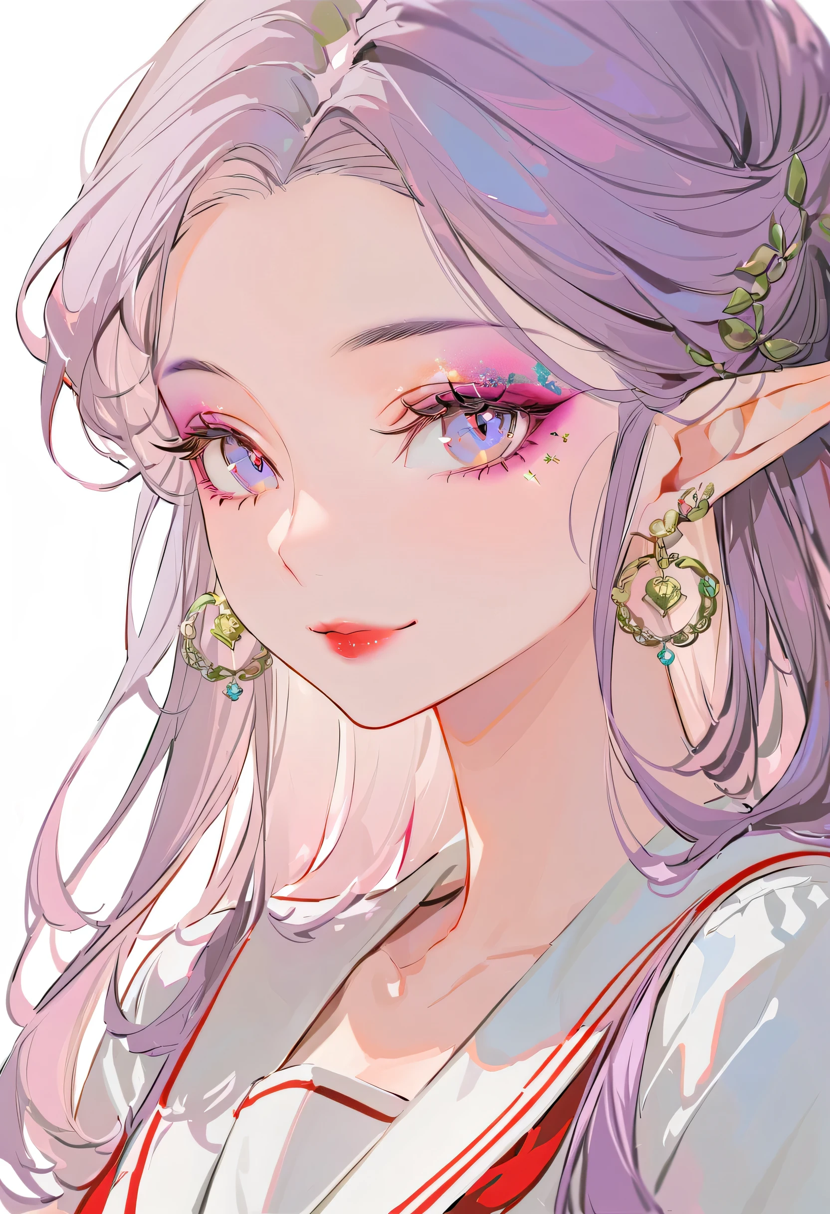 (best quality,ultra-detailed,highres:1.2),beautiful girl with flawless face,The cutest girl in the world,Exquisite makeup,purple eyes,makeup,eyelashes,lipstick,(tsurime:1.2),glint,seductive smile,serafuku,large breasts,purple hair,(elf:1.2),pointy ears,red eyeshadow