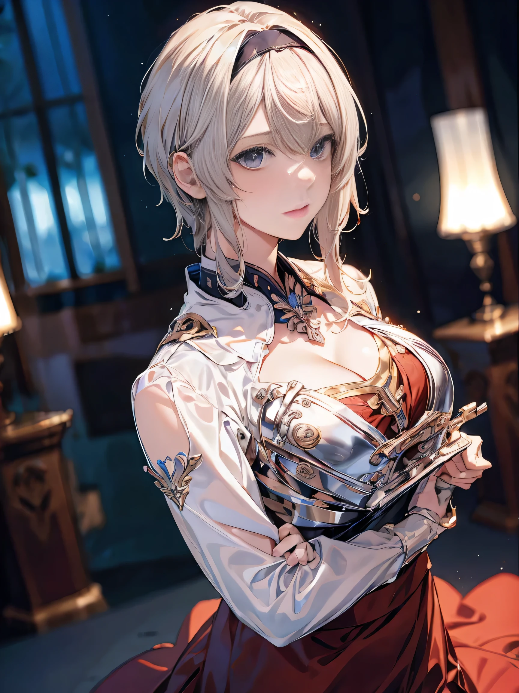 (( (masterpiece)，（Very detailed CG Unity 8k wallpaper），(Bust Shot:1.5), highest quality，Cinema Lighting，Photorealistic, Detailed Background，Beautiful and beautiful eyes，Bright Eyes，（Very elegant and beautiful），（Beautifully detailed eye depiction），Very detailed，masterpiece，High resolution)), Richly decorated armor, Beautiful Female Warrior, short hair, Platinum Blonde Hair, Cleavage、Various actions、Various clothes、Red costume