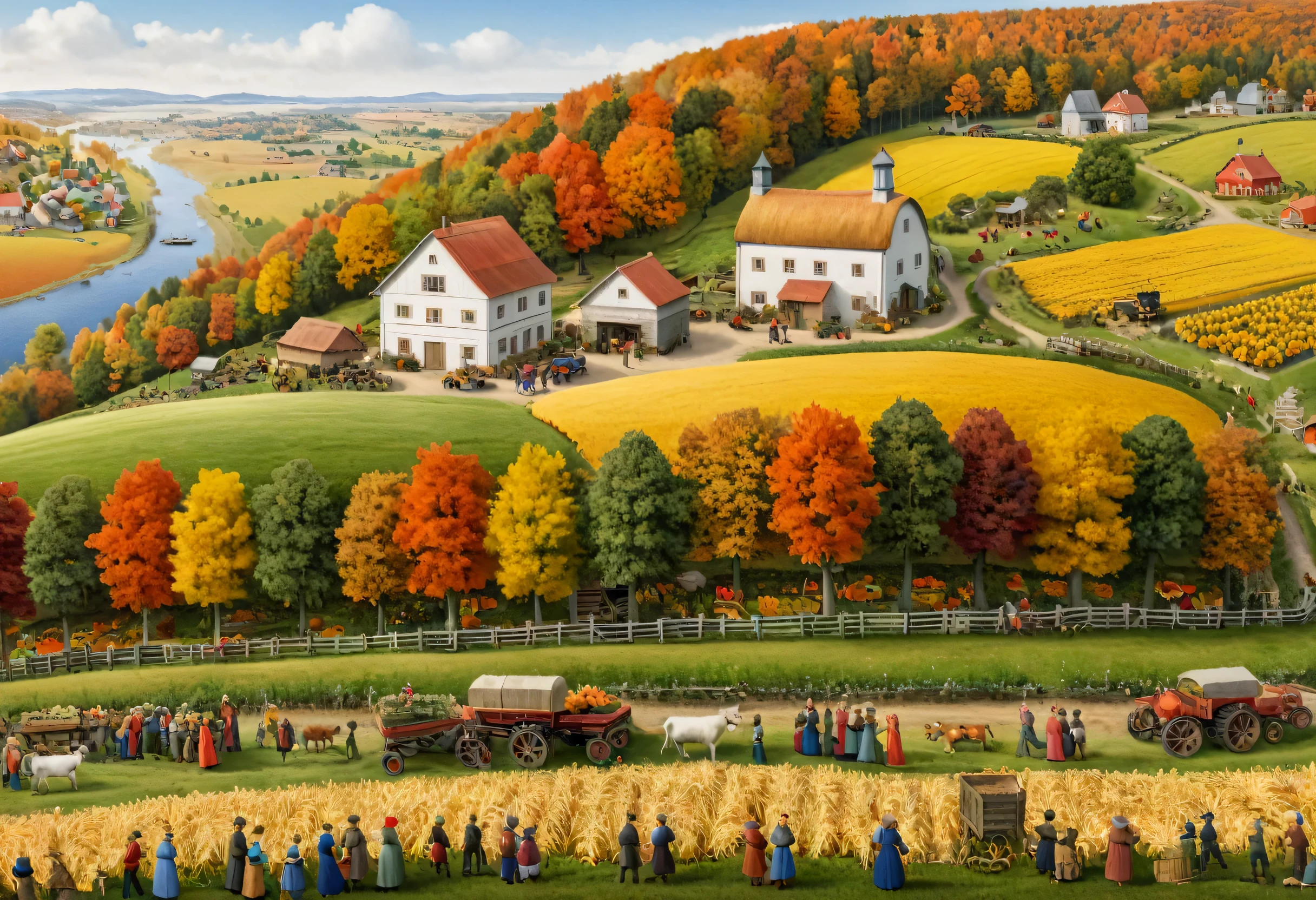 By Elsa Beskow, autumn, crowd, farm, Complex, (highest quality, masterpiece, Representative works, Official Art, Professional, unity 8k wallpaper:1.3)