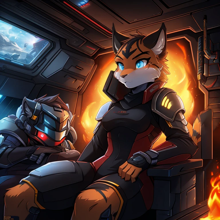 Young woman in full armor, black and red spacesuit sits in the cabin of a spaceship. Her helmet completely covers her face and has cat ears.., tiger, anthro, female, fur coat, (best quality), (detailed fire urban background:1.2), dramatic lighting, (detailed fluffy fur:1.1), (fantasy:1.2) cyberpunk style