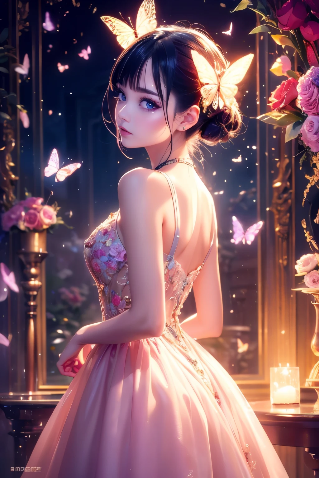 masterpiece、Falling into the human world、Beyond reality、Describe angels trying to adapt to modern human life, Including the moral challenges they face,((Beautiful flowers and butterflies on background々There,colorful)),Super detailed and accurate,The color of the dress is pink,