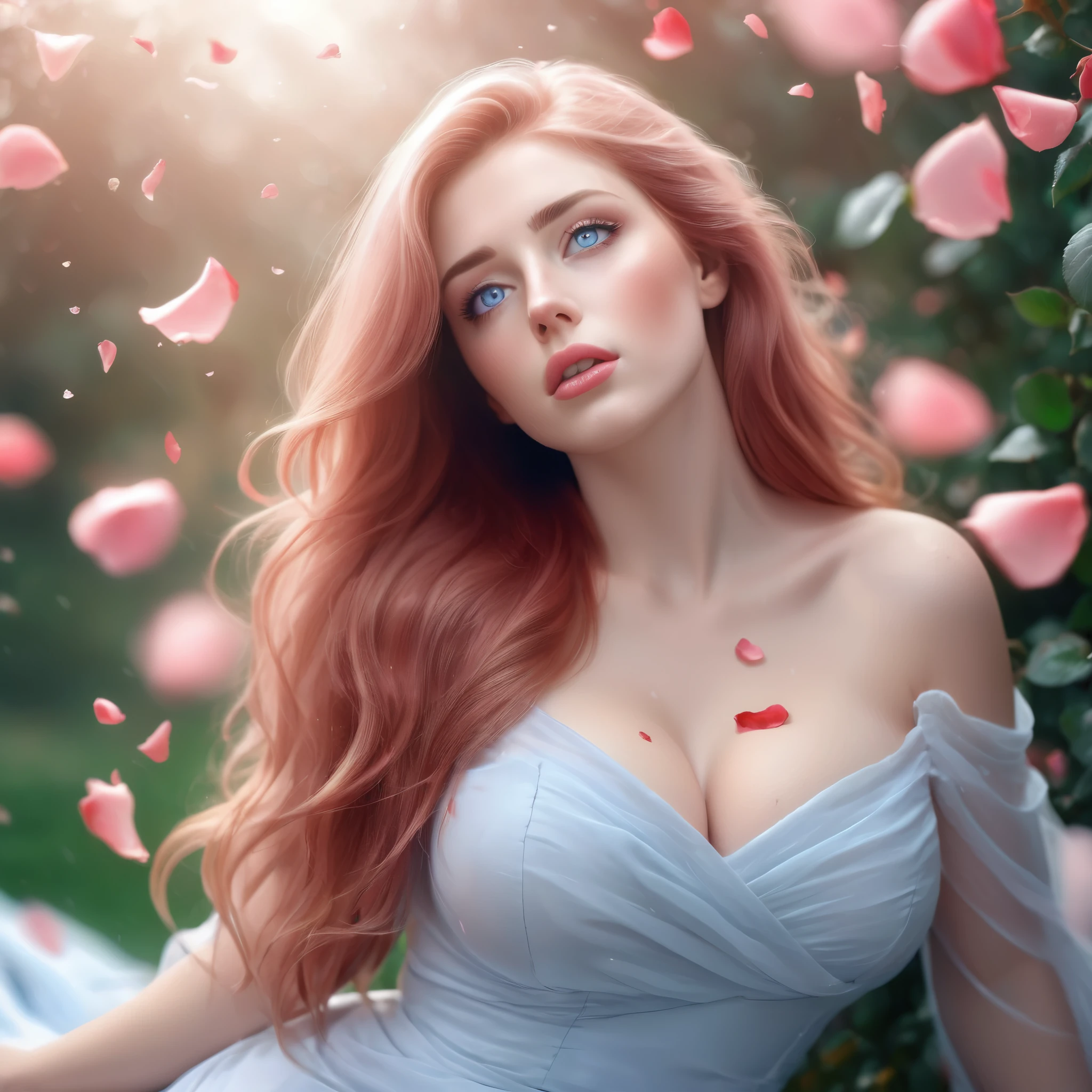 (meilleure qualité, réaliste, Ultra-détaillé), une belle femme, Gros seins, levant les yeux, cheveux au vent, et des pétales de roses rouges tombent. maquillage parfait, Yeux détaillés, et les lèvres, longs cheveux roses et yeux bleus, pose gracieuse, couleurs vives, Éclairage doux, ambiance romantique, Expression élégante et confiante, traits délicats, robe fluide, environnement naturel, ambiance de rêve. Canon EOS R3, 20 mégapixels