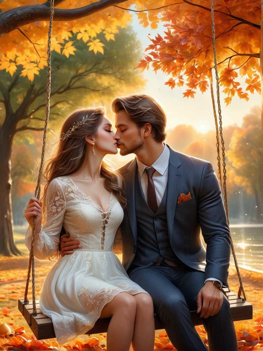 A photo of two people，A couple sitting on a swing in autumn，Passionate kisses，Stunning scenery，Golden autumn leaves，Beautiful detailed eyes，Beautiful detailed lips，extremelydetailedeyesandface，Long eyelashes，Cozy Fall Outfits，Warm colors，Sunlight through the trees，breeze，picturesque park，Romantic Mood，Tranquil Background，(Best quality，8K，high resolution，masterpiece), Ultra Detailed, (Realism，Photo Realism)，HDR，uhd，Studio Lighting，Super fine，Sharp Focus，Physically Based Rendering，Extremely detailed description，major，Vivid colors，blur background