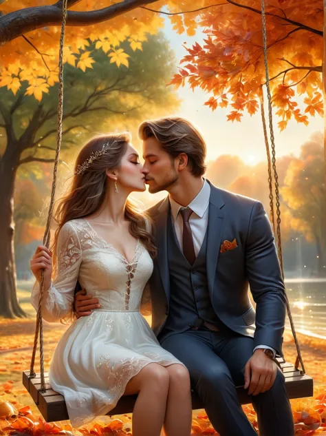 A photo of two people，A couple sitting on a swing in autumn，Passionate kisses，Stunning scenery，Golden autumn leaves，Beautiful de...