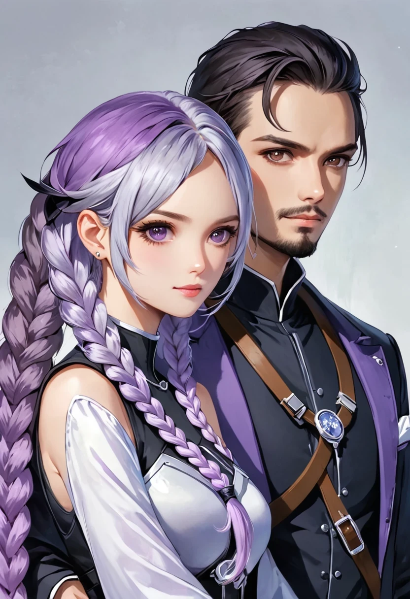 deux personnes，Un homme et une fille avec de longues tresses，violet et blanc，art portrait,