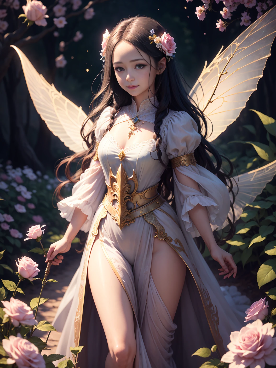 Beautiful transparent flower fairy baby, Transparent colorful feathers, A walking stick flutters in the wind､The wand glittered in the starlight.，Golden Staff，Beautiful blue sky and white clouds、The girl has transparent wings､Smiling Kindly､Beautiful garden background､Gentle and transparent，Correct Anatomy, Delicate pattern，Pink rose space, Soft lighting, ( Bokeh)，masterpiece, Very detailed, A magnificent composition, highest quality, 8K，Epic romantic fantasy digital art，Epic fairy tale fantasy digital art，Mythical fantasy，UHD resolution，Detailed detailed view，Realistic，非常にRealisticな，Cinematic Lighting,Award-winning photography,Rich colors，Ultra-realistic, lifelike textures，Dramatic lighting