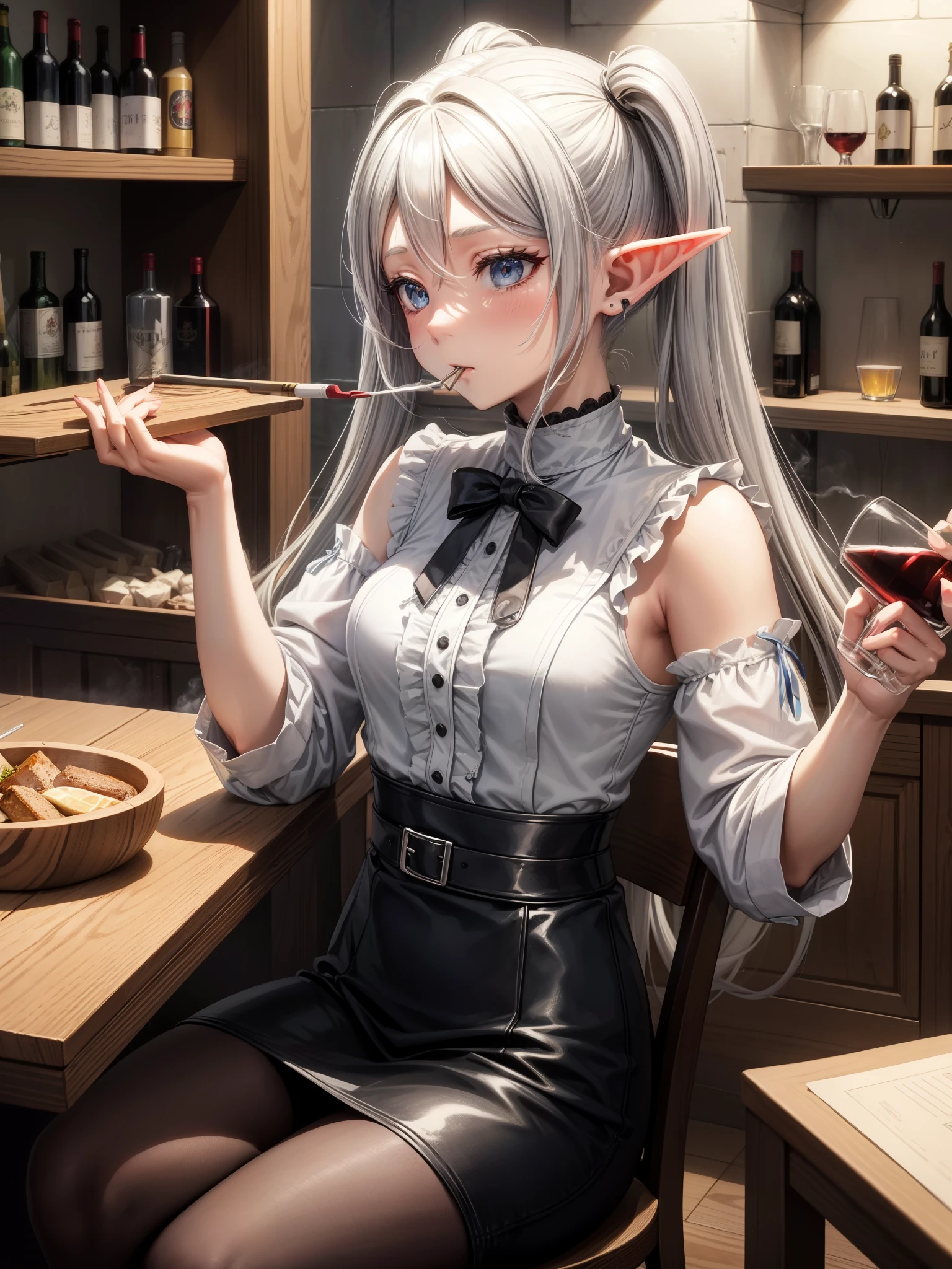 Calm atmosphere、Gray Hair、Twin tails、Elf、Elf耳、Pointed Ears、Drinking party for working adults、Tavern、cigarette草、cigarette、Wine Bottle、A wide variety of alcohol、cheers、beer mug、Chairs and desks、break、chugging、Trumpet drinking、wine cellar