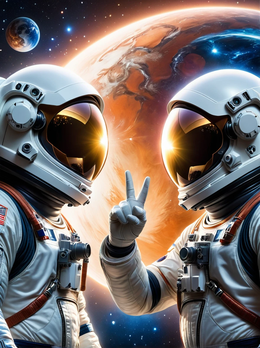 (a photo:1.5), Close shot, (Close-up photos:1.5), Two astronauts in space, Photograph, Stand side by side, (Raise the V sign), (A ray of sunlight rose behind them), Space suit details, Helmet reflective, earth in background, Cosmic stars, Galaxy Background, High-tech spacesuit, Milky Way Landscape, space photography, Studio Lighting, Physically based rendering, Sharp focus, Extremely detailed, major, Bright colors, Bright light source, The scene looks like it was captured with a high-quality camera such as the Canon EOS 5D Mark IV，Set the configuration to af/1.8 aperture and 50mm focal length，The atmosphere conveys a touch of celebrity romance, (Best quality, 8K, high resolution, masterpiece:1.2), Super detailed, (1.4 times more realism)