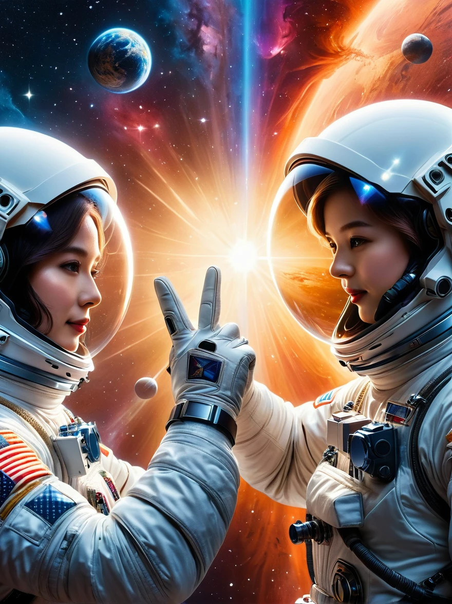 (a photo:1.5), Close shot, (Close-up photos:1.5), Two astronauts in space, Photograph, Stand side by side, (Raise the V sign), (A ray of sunlight rose behind them), Space suit details, Helmet reflective, earth in background, Cosmic stars, Galaxy Background, High-tech spacesuit, Milky Way Landscape, space photography, Studio Lighting, Physically based rendering, Sharp focus, Extremely detailed, major, Bright colors, Bright light source, The scene looks like it was captured with a high-quality camera such as the Canon EOS 5D Mark IV，Set the configuration to af/1.8 aperture and 50mm focal length，The atmosphere conveys a touch of celebrity romance, (Best quality, 8K, high resolution, masterpiece:1.2), Super detailed, (1.4 times more realism)