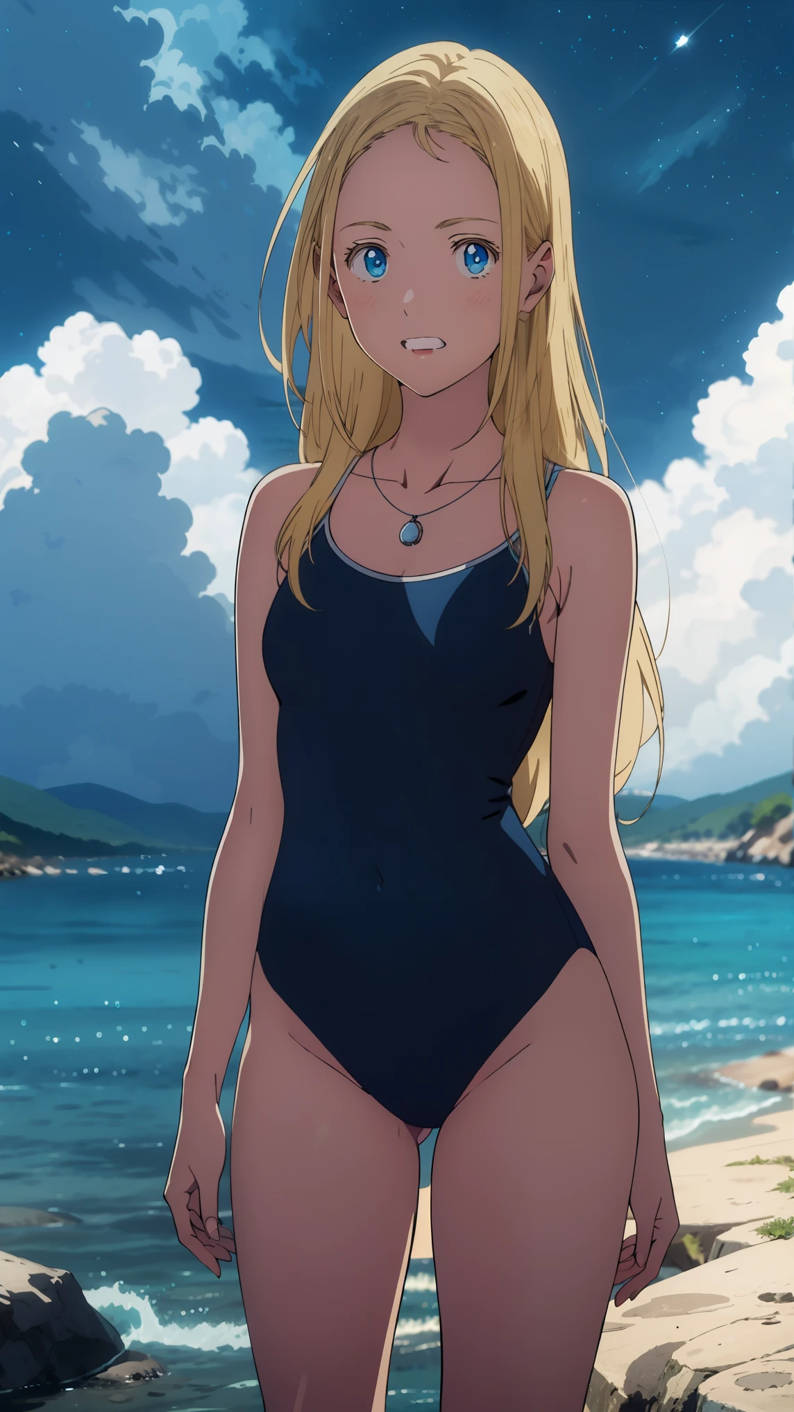 A woman in a swimsuit standing on a beach next to the ocean - SeaArt AI