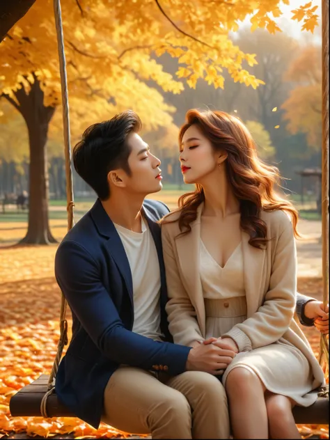 (一张放在台上的双人photo:1.5)，Close shot，close up，(photo:1.5)，A couple sitting on a swing in autumn，Passionate kisses，Stunning scenery，Go...