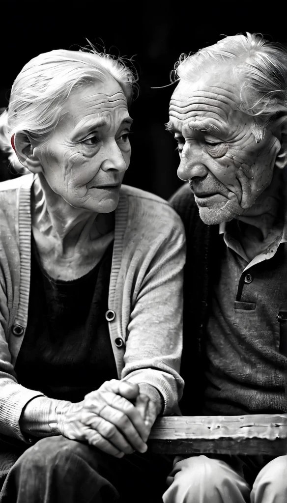 a couple, old man and old woman, sitting together close, black and white photo, realistic, detailed faces, wrinkled skin, weathered hands, warm lighting, dramatic shadows, intimate moment, timeless, nostalgic, film grain, high contrast, monochrome, soft focus, cinematic, emotional, classic portrait, aging, affection, togetherness