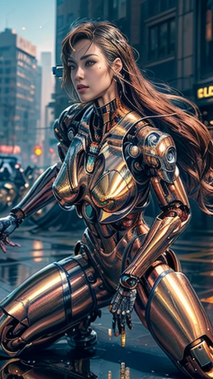 (reality, Realistic: 1.37), (Mastepiece: 1.2), (highest quality: 1.4), (Ultra-high resolution: 1.2), (RAW Photos: 1.2), (Chest Sharp Focus: 1.3), Crisp details, Ultra-realistic, 1 girl, alone, Japanese Girls, (((cyborg:1.4))), cyborg Girl, cyborg Armor, cyborg Clothes, Beautiful fine details, Fine details, Bright Eyes, Brown eyes, whole body, ( Big Breasts), Long Curly Hair, Redhead, throw, Focus on women, Puffy eyes, (Dynamic pose: 1.4), (Dynamic Angle: 1.6), Beautiful Face, Detailed face, Perfect Proportions ,Narrow waist, belly button, Big Ass, Crotch gap, Thighs, open Thighs, Showing panties, Expose, Combat Stance, Fighting Pose , running forward, running, (((((Shiny golden metallic color | red metallic color | blue metallic color))), (((Metallic luster, metallic reflection, Machine Details, highly Machine Details, complex mechanical structure, reflection, refraction,))), ((( Mirrored Power Armor, fall out 4, fall out,))), battlefield, mechanized background, Giant robot in the background, Outdoor, Cinema Lighting, Cyberpunk World. Cyberpunk metropolis, neon, Sci-Fi Style, SFW:1.98,