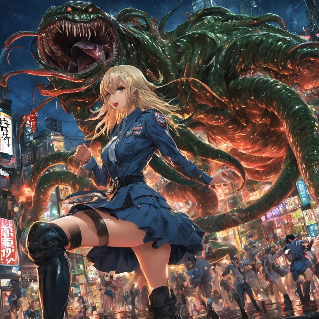 A 50 ft woman, dressed in a scandalously small tattered uniform (SFW) fights a desperate battle against giant slimy tentacle aliens. Downtown tokyo at night.