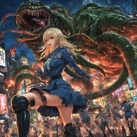 A 50 ft woman, dressed in a scandalously small tattered uniform (SFW) fights a desperate battle against giant slimy tentacle ali...