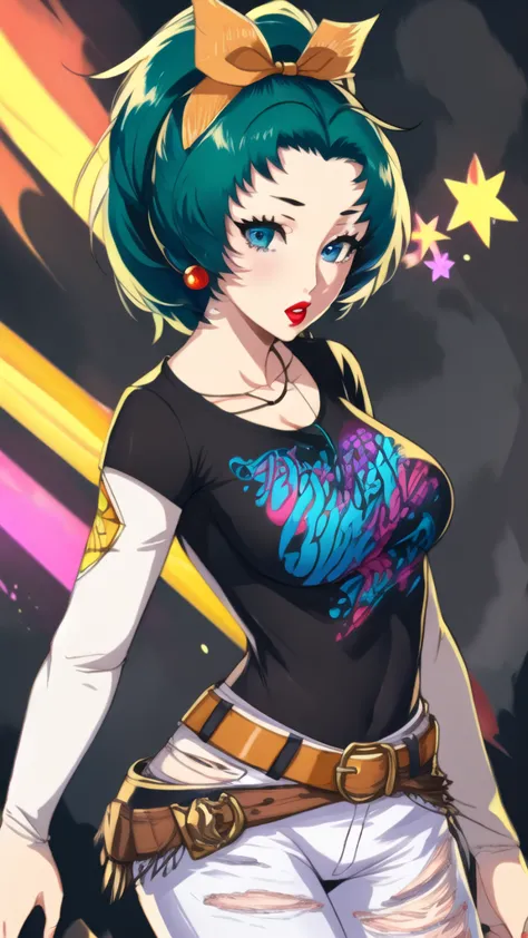 tina branford, 1girl, solo, black t-shirt, white shirt, blue jeans, belt, lipstick, large breasts, layered sleeves, green hair, ...