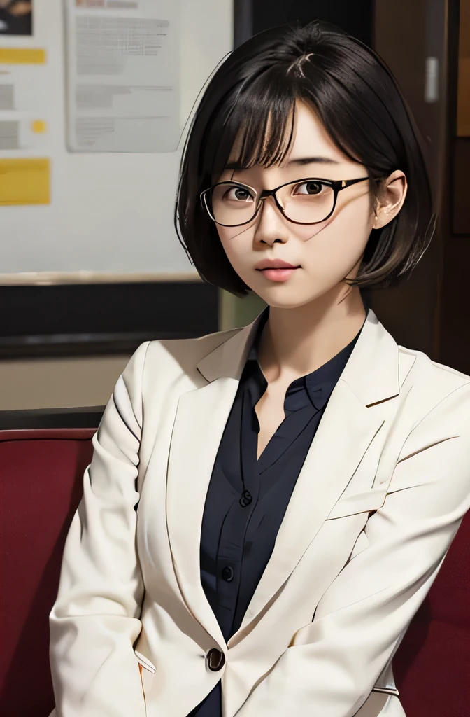 canteen,Glasses,{High school girls},japanese,noon,{perfection},{Thick eyebrows},{shorthair},Expressionless,Sitting with arms crossed,looking at the camera,tsurime,small eyes,beautiful,{{Clear}},{blazer}