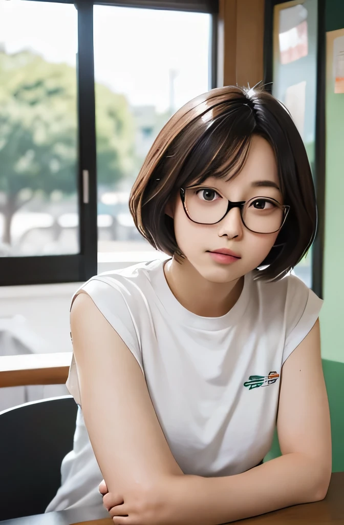 canteen,Glasses,{High school girls},japanese,noon,{perfection},{Thick eyebrows},{shorthair},Expressionless,Sitting with arms crossed,looking at the camera,tsurime,Single,beautiful,{natural face}