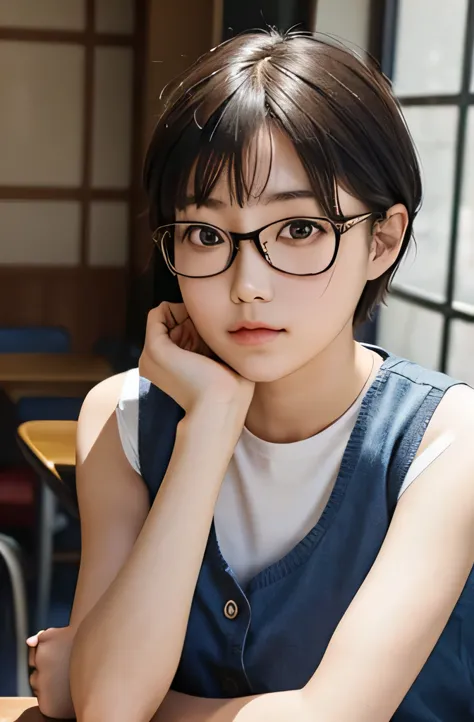 canteen,glasses,{high school girls},japanese,noon,{perfection},{thick eyebrows},{shorthair},expressionless,sitting with arms cro...