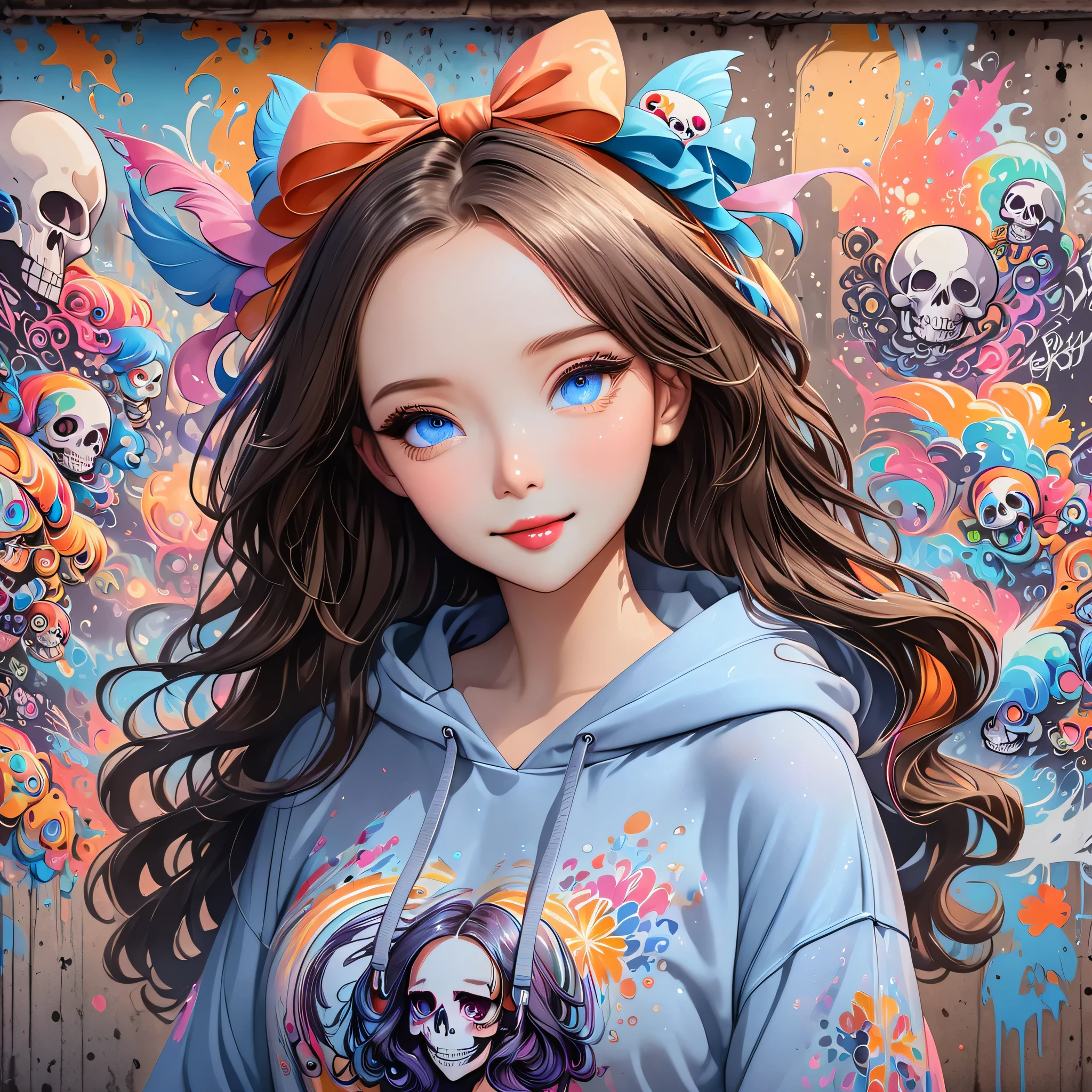 Style: Unparalleled high-precision transparent watercolor, masterpiece, super detailed, cute, Japanese animation character design,
smile


She has light blue eyes and long hair that flutters in the wind.
Beautiful girl wears ribbons in her hair, skull hoodie, short jeans, and boots,
Graffiti on the wall
Scene is colorful and dark 
General view