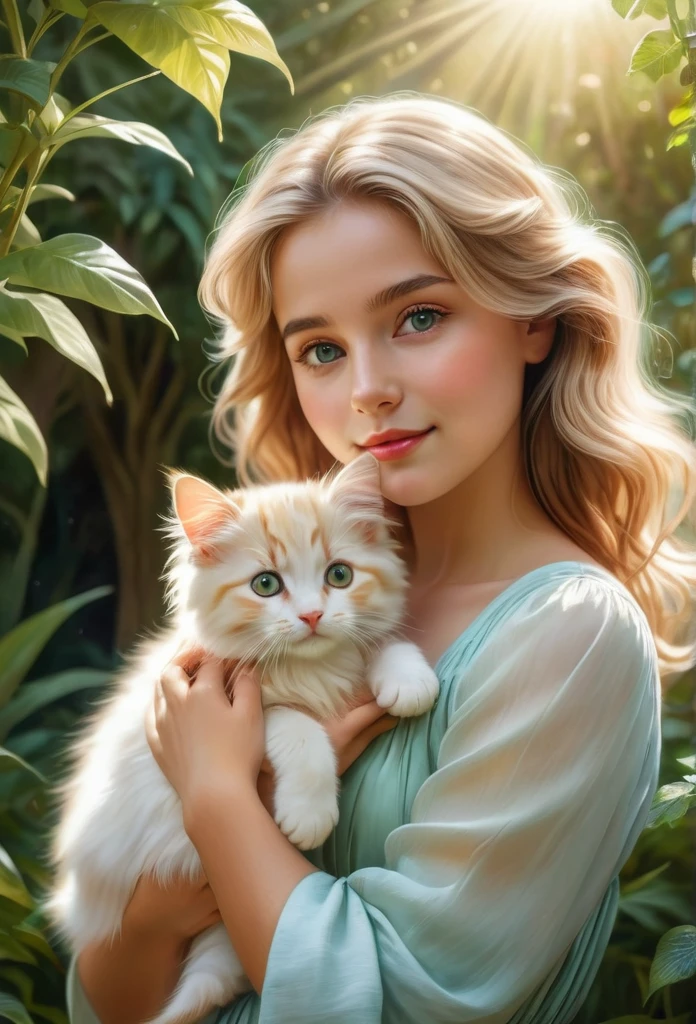 (de la máxima calidad,4k,8K,Alta resolución,obra maestra:1.2),Muy detallado,(Realista,photoRealista,photo-Realista:1.37),Realista,retratos,hermosa chica,sosteniendo un gato blanco, ,pinturas,pinceladas suaves,Colores vibrantes,fondo del jardin,ojos de niña detallados,labios de niña detallados,expresión pacífica,vestido fluido, cifra,Sonrisa gentil,luz solar natural,exuberante vegetación,gatito juguetón,pelo ondulado,sombras sutiles,facciones delicadas,mirada cautivadora,luz del sol filtrándose a través de los árboles,elementos botánicos,patrones florales,vínculo entrañable,Ambiente luminoso y alegre.,encanto inocente,conexión amorosa entre niña y cachorro,representación precisa de la apariencia del Kooikerhondje,Interacción tierna,representación dimensional y realista,Capturar la conexión emocional entre humanos y animales.,vibraciones positivas y reconfortantes,Atención impecable al detalle,Composición cuidadosamente compuesta,Realista fur texture and color rendering,Reflejos y sombreado sutiles,pincelada impresionista,calidad etérea y onírica, pelo rubio, 12 años de edad