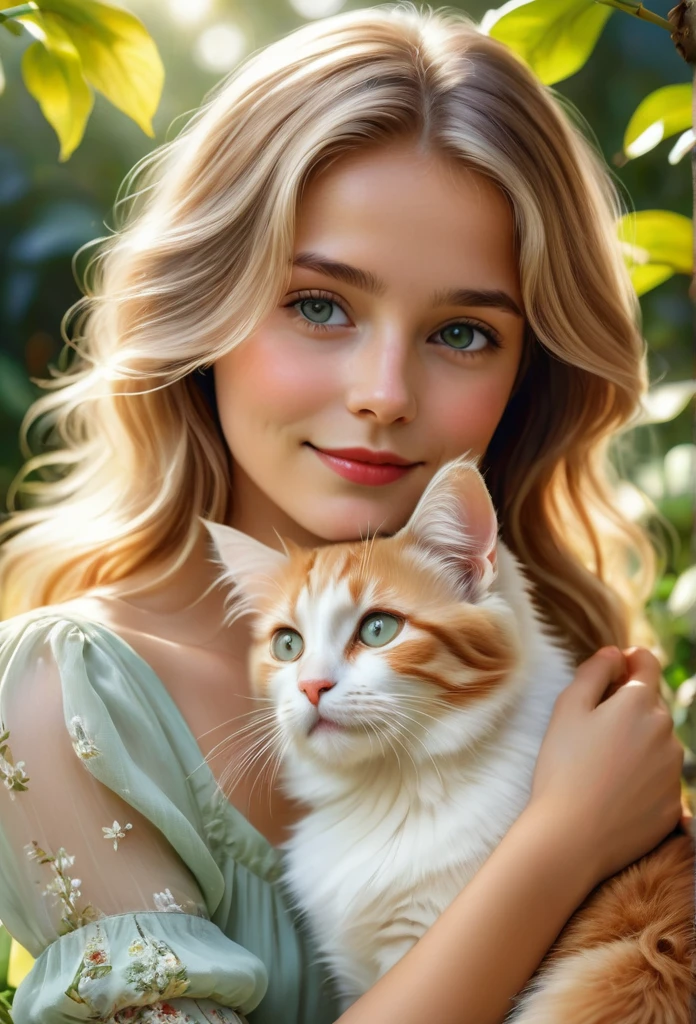 (highest quality,4K,8k,High resolution,masterpiece:1.2),Very detailed,(Realistic,photoRealistic,photo-Realistic:1.37),realistic,portraits,beautiful girl,holding a whithe cat, ,paintings,soft brushstrokes,vibrant colors,garden background,detailed girl's eyes,detailed girl's lips,peaceful expression,flowing dress, figure,gentle smile,natural sunlight,lush greenery,playful kitty,wavy hair,subtle shadows,delicate features,captivating gaze,sunlight filtering through trees,botanical elements,floral patterns,endearing bond,bright and cheerful atmosphere,innocent charm,loving connection between girl and puppy,accurate portrayal of the Kooikerhondje's appearance,tender interaction,dimensional and lifelike representation,capturing the emotional connection between humans and animals,positive and heartwarming vibes,impeccable attention to detail,carefully composed composition,realistic fur texture and color rendering,subtle highlights and shading,impressionistic brushwork,ethereal and dreamlike quality, blond hair, 12 years old