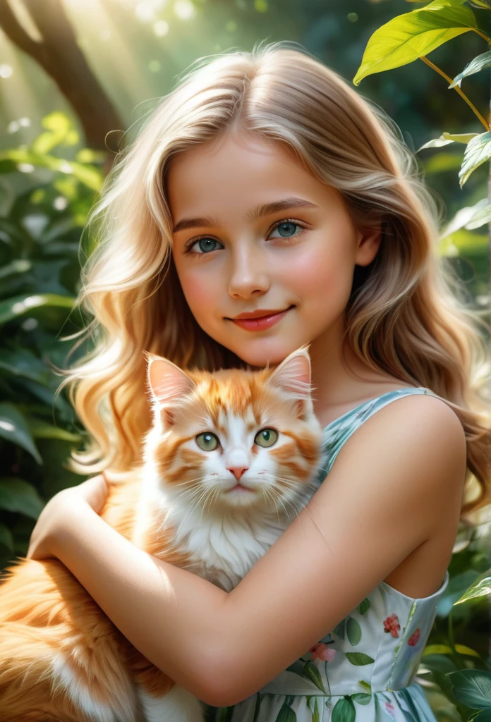 (highest quality,4K,8k,High resolution,masterpiece:1.2),Very detailed,(Realistic,photoRealistic,photo-Realistic:1.37),realistic,portraits,beautiful girl,holding a whithe cat, ,paintings,soft brushstrokes,vibrant colors,garden background,detailed girl's eyes,detailed girl's lips,peaceful expression,flowing dress, figure,gentle smile,natural sunlight,lush greenery,playful kitty,wavy hair,subtle shadows,delicate features,captivating gaze,sunlight filtering through trees,botanical elements,floral patterns,endearing bond,bright and cheerful atmosphere,innocent charm,loving connection between girl and puppy,accurate portrayal of the Kooikerhondje's appearance,tender interaction,dimensional and lifelike representation,capturing the emotional connection between humans and animals,positive and heartwarming vibes,impeccable attention to detail,carefully composed composition,realistic fur texture and color rendering,subtle highlights and shading,impressionistic brushwork,ethereal and dreamlike quality, blond hair, 12 years old