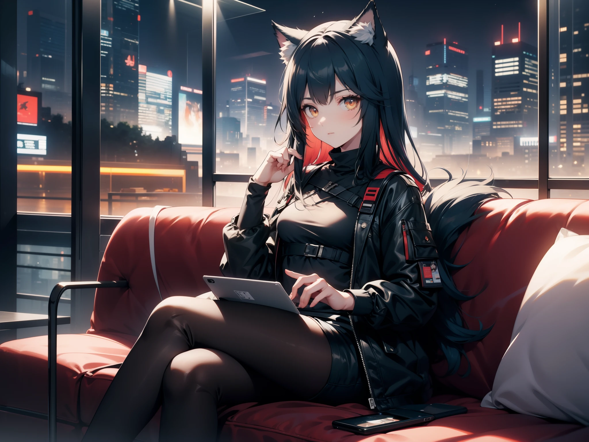 a girl sitting on a sofa inside a cafe while holding a tablet, 1girl, solo, night city, (empty cafe interior), (sitting on a sofa, holding a tablet), tablet, sofa, (looking at viewer), (flat expression, quiet) white fur jacket, black shirt, shorts, pantyhose, cellinia texas, texas, arknights, multicolored hair(black hair, red inner hair), long hair, ((wolf tail)), (amber eyes), (animal ears), animal ear fluff, slender body, small breasts, HD, (((dystopian feel, metallic color))), cyberpunk-style