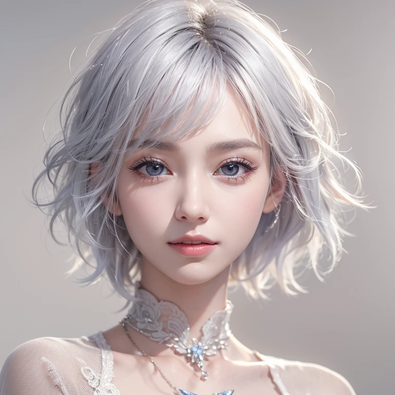 (masterpiece:1.3), (8k, Realistic, RAW Photos, Best image quality: 1.4), Fair-skinned fairy woman、short hair、Cleavage:2.0、Highly detailed face、Attention to detail、double eyelid、Sharp focus:1.2、Beautiful woman:1.4、Silvery white hair、highest quality、masterpiece、Ultra-high resolution、(Realistic:1.4)、Highly detailed and professionally lit smiles、Loose, Light,Japanese high 、 one person、whole body,　I eat breakfast 