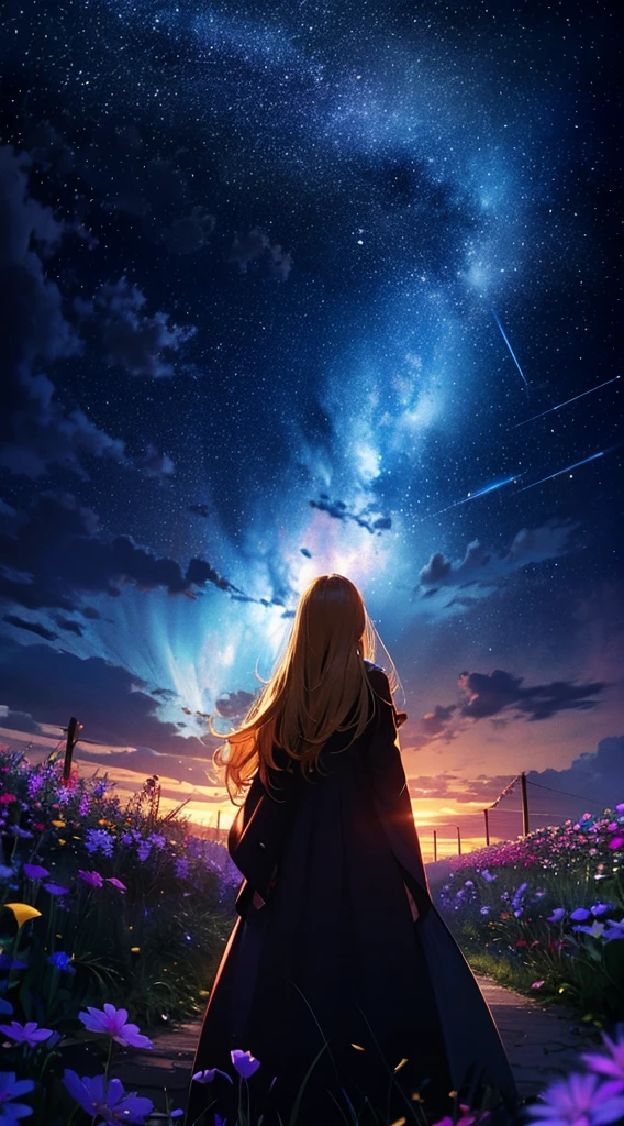 １gente々々々々々々,Mujer rubia de pelo largo，abrigo largo， Vestido silueta， Vista trasera，cielo espacial, cielo estrellado，arcoíris，campo de flores，Flores coloridas