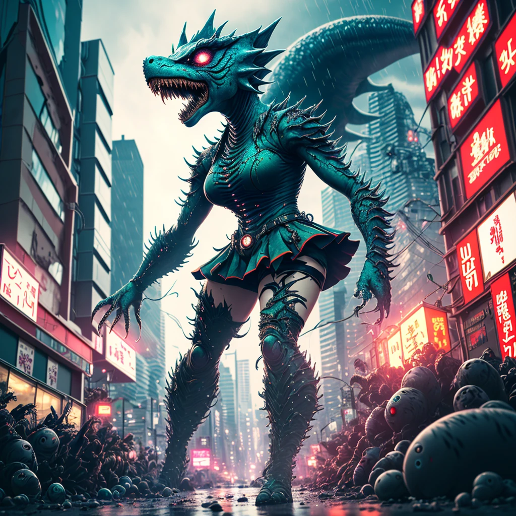 (full body shown, sci fi horror, show her from head to toe) a 50 ft woman,detailed facial features,extremely detailed face,beautiful detailed eyes,beautiful detailed lips,longeyelashes,tattered worn sexy sailor scout (miniskirt) uniform,desperate battle,glowing eldritch giant slimy tentacle aliens,tokyo cityscape,night scene,neon lights,rain,dynamic action pose,intricate details,cinematic lighting,hyper realistic,8k, highly detailed, photorealistic (show her from head to toe, desperate battle, kaiju horror)
