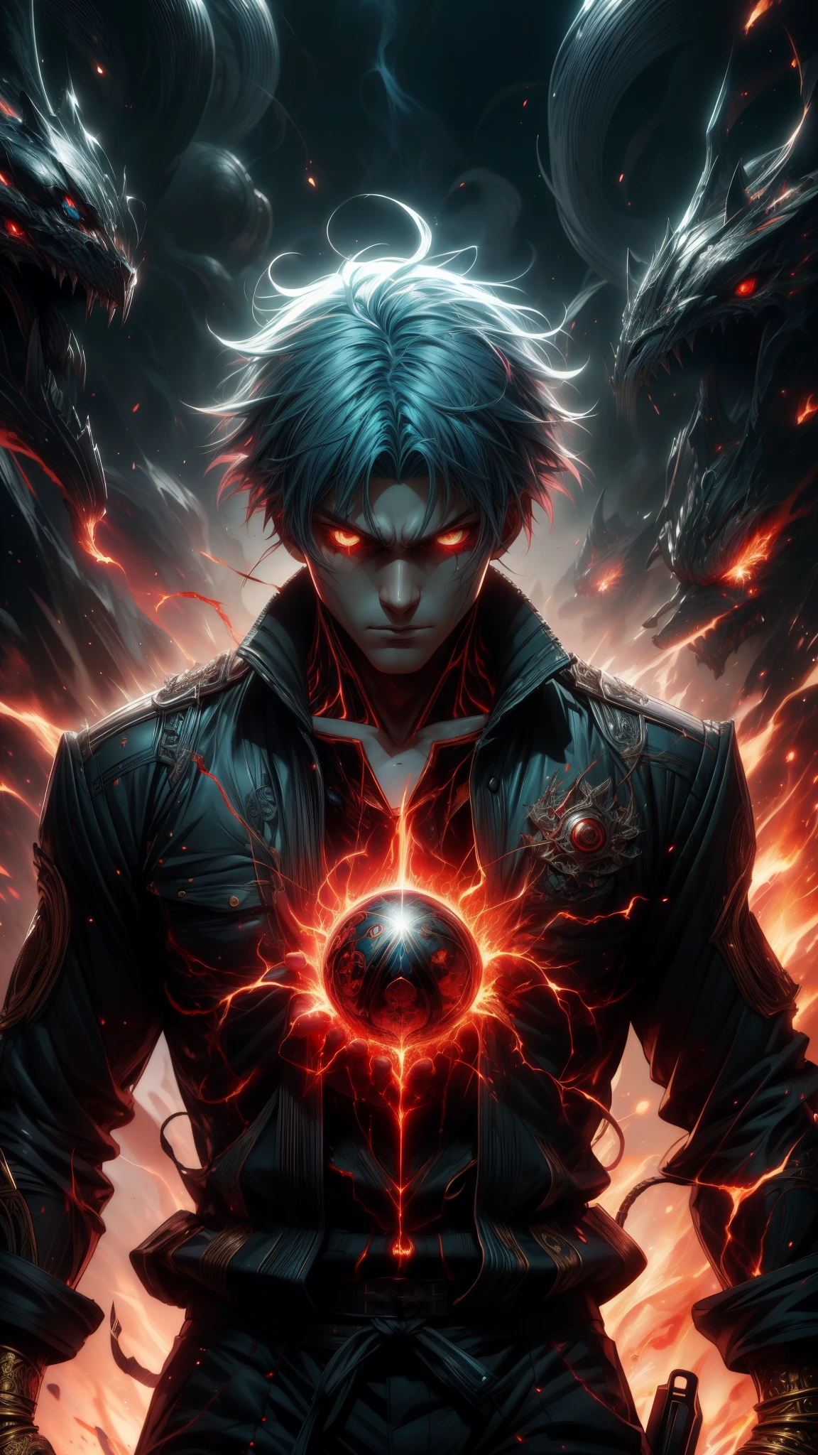 (Aesthetic, Hi-Res: 1.2), Get ready for a visual feast with Supper man 20 years old, solo, brilliant blue hair and tattoos, a creature with a handsome face and piercing golden eyes. In his transformed state, he radiates extreme instinct and power, creating an epic anime about this man of energy. See how he manipulates fire and lava in stunning anime artwork that will blow your mind. This concept art is straight from the Bleach Universe, with manga-style 8k wallpapers that will transport you to another dimension. Get ready to be amazed by this detailed piece of digital anime art, showcasing the ultimate combination of style and power.