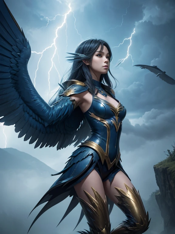 (masterpiece, best quality:1.2), solo, 1 girl, harpy, monster girl, expressionless thunder girl, closed mouth, winged arms, bird legs, flying in the sky background, thunder storm, thunder power, lightning power