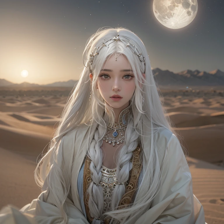 (最好的品質、傑作、8K、最佳影像品質、超高解析度、獲獎作品)、沙漠裡一位美麗的白髮女子遠遠地看著我們..., 月光照耀的地方.、古代伊斯蘭服飾、美麗的臉龐在每個細節上都被描繪出來