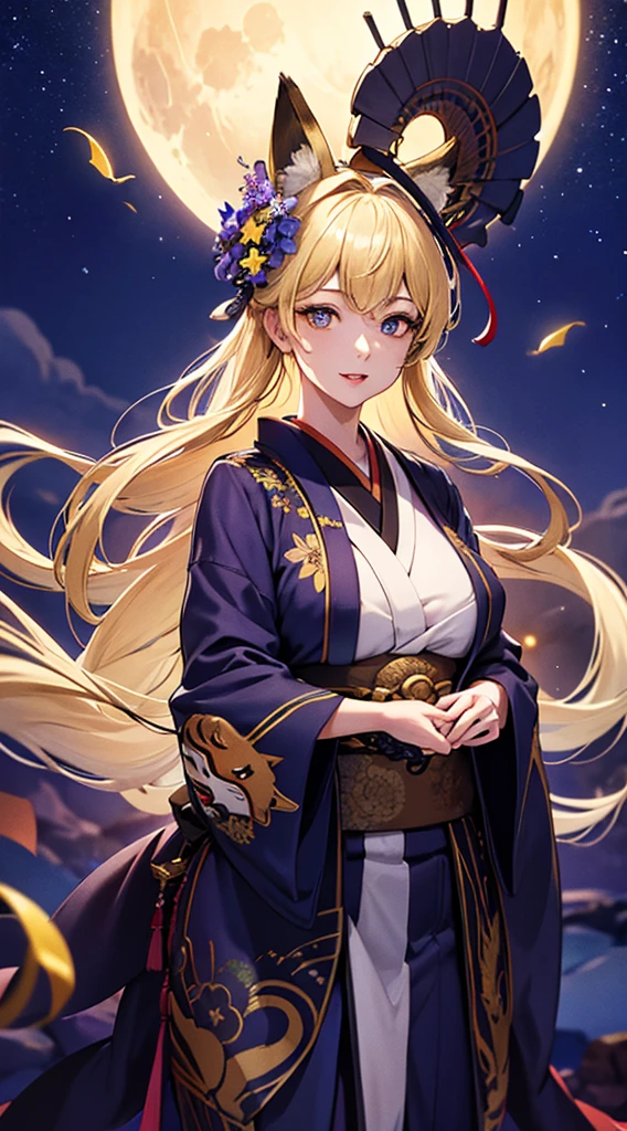 masterpiece, high quality, 4K, Beautiful design, silhouette，bionde， Highly Detailed Starry Sky at Night,Flower Field， wonderful, Finer details,  Very knowledgeable woman, Highly detailed solo, 1 female,Beautiful Eyes，Fox mask template，I like rumors，Big Breasts，kimono，Night view，Starry Sky，full moon，