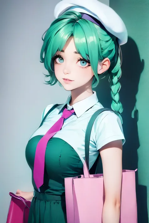 1girl, (bags under eyes:1.5), mint green hair, twin_braid, white beret, white shirt, flower necktie