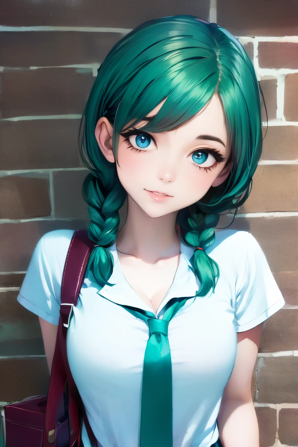 1girl, (bags under eyes:1.5), mint green hair, twin_braid, white beret, white shirt, flower necktie