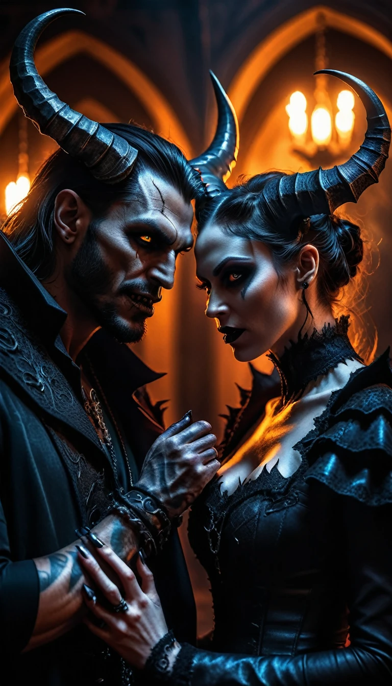 a demonic couple, extremely detailed, hdr, 8k, photorealistic, dark fantasy, cinematic lighting, chiaroscuro, gothic, intricate details, sharp focus, dramatic atmosphere, moody colors, muted tones, glowing eyes, twisted horns, sharp fangs, clawed hands, tattered clothing, smoky background, dramatic poses