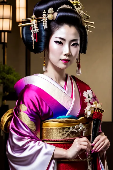 Painting of a geisha woman with a sword in her hand, Portrait de geisha, Portrait of a geisha, Beauty Geisha, geisha, Geisha jap...