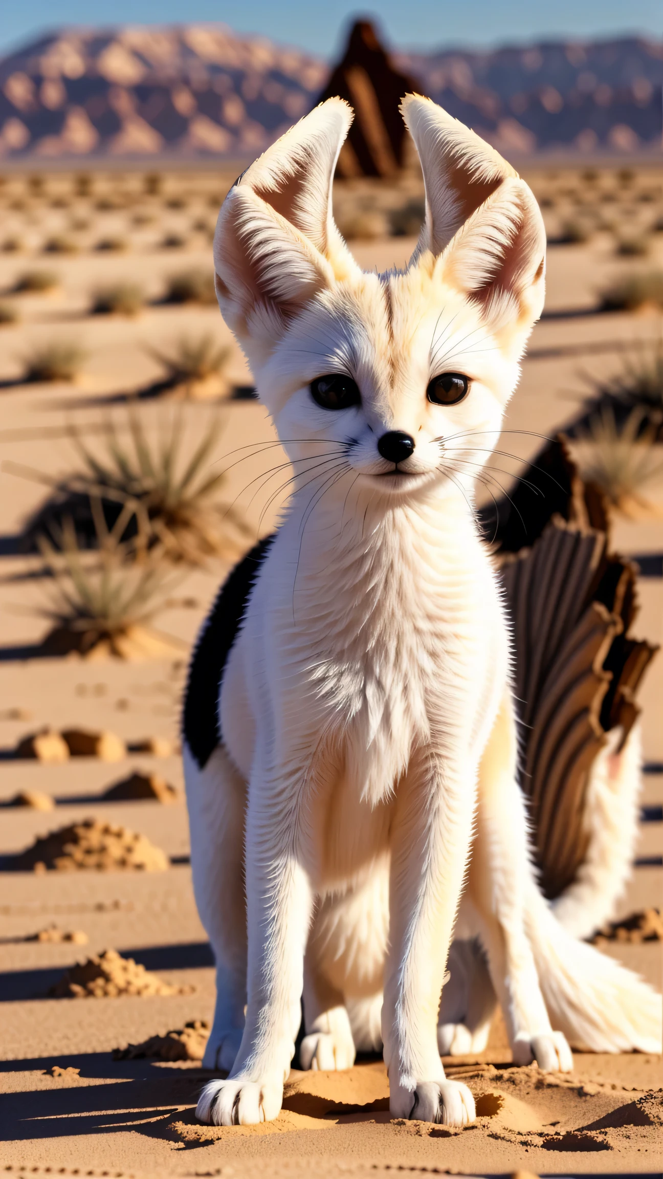 A small white fennec fox with with oversized ear standing in the desert, sandy background, animal_focus, animal, realistic, looking_at_viewer, ((masterpiece, highest quality, Highest image quality, High resolution, photorealistic, raw photo, 8K))