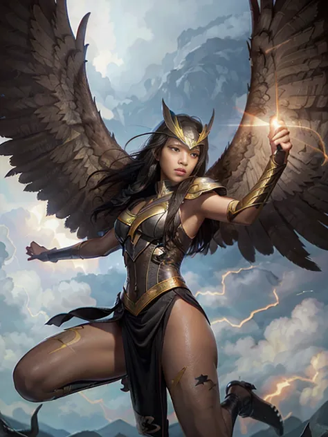 yeloow and black thunder bird, four wings, thunder storm background