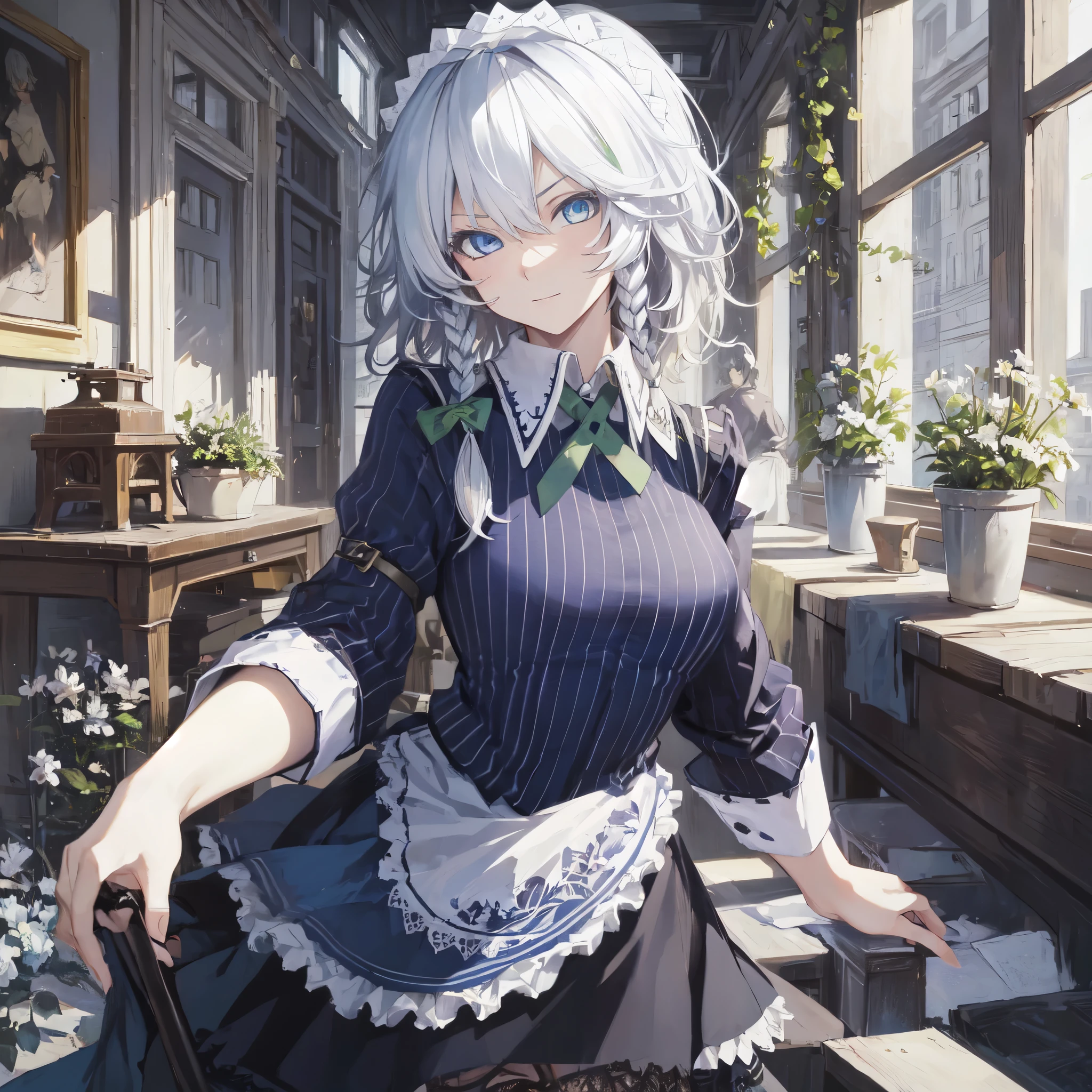 masterpiece, best quality,  1girl, solo, sakuya izayoi, silver hair, maid dress, white apron, very short skirt, sexy pose,, sleeveless outfit, detailed face, detailed eyes, fresh blue eyes, big green ribbons, blue outfit, small-to-medium breasts, white hair, bowtie girl, white maid headband