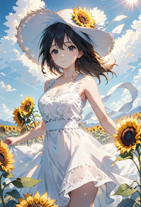 send,1 Girl,Solitary, (White lace dress:1.2),floating dress (Sun hat:1.2), Sunflower fields, under the sun, A faint smile,lookin...