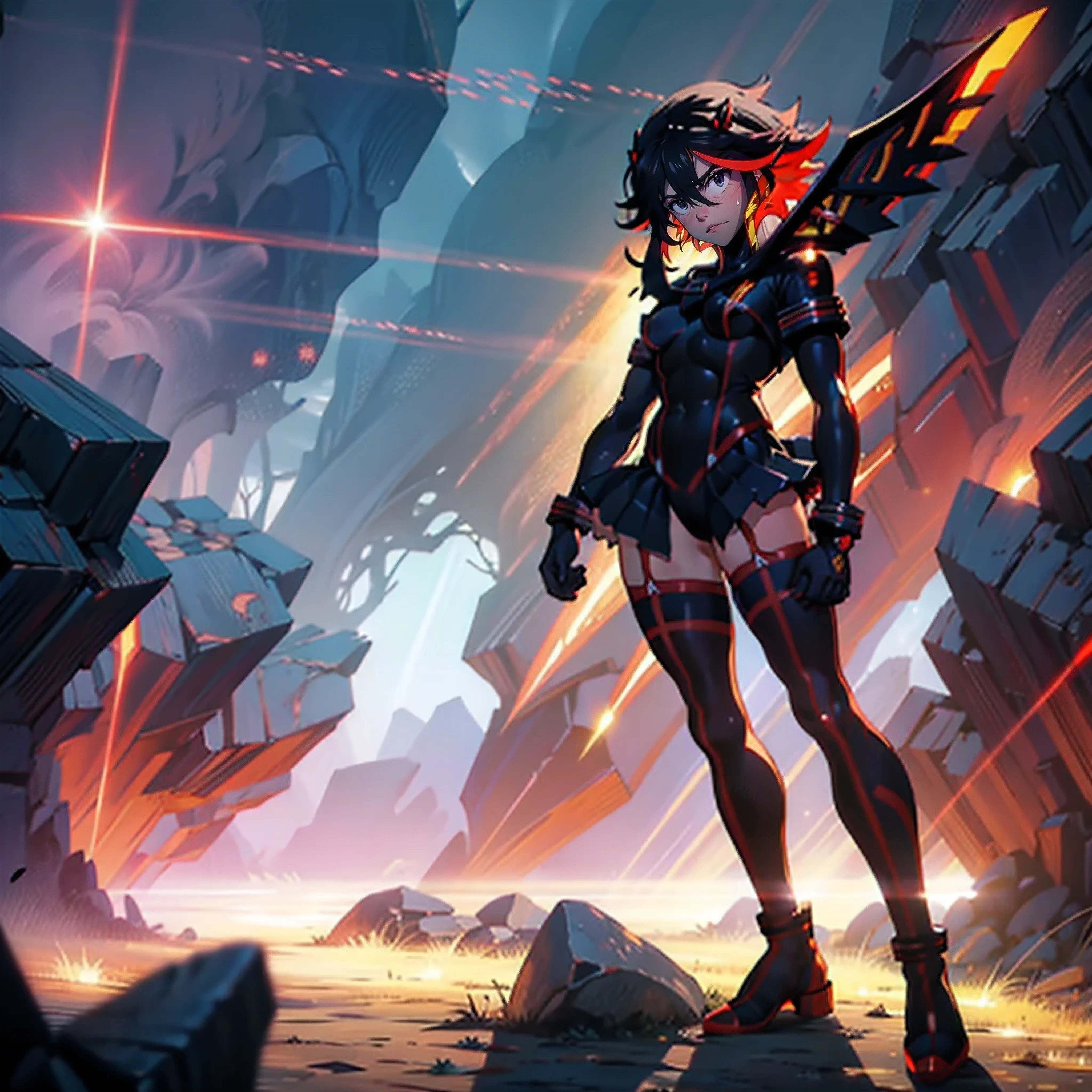 Anime-Serie, Ryoko Matoi,mit schwarzen Engelsflügeln durch den Himmel fliegen, goldene Trikotrüstung, im Kampf, Chaos, Laserstrahlen aus den Händen schießen, Meisterwerk ,Strumpfhose, Stiefel,Magicagirl-Bodysuit, großer Rock, lächeln, Langer Rock,Stehen,lächeln forest,lächeln, Ganzkörper, Rote Haare