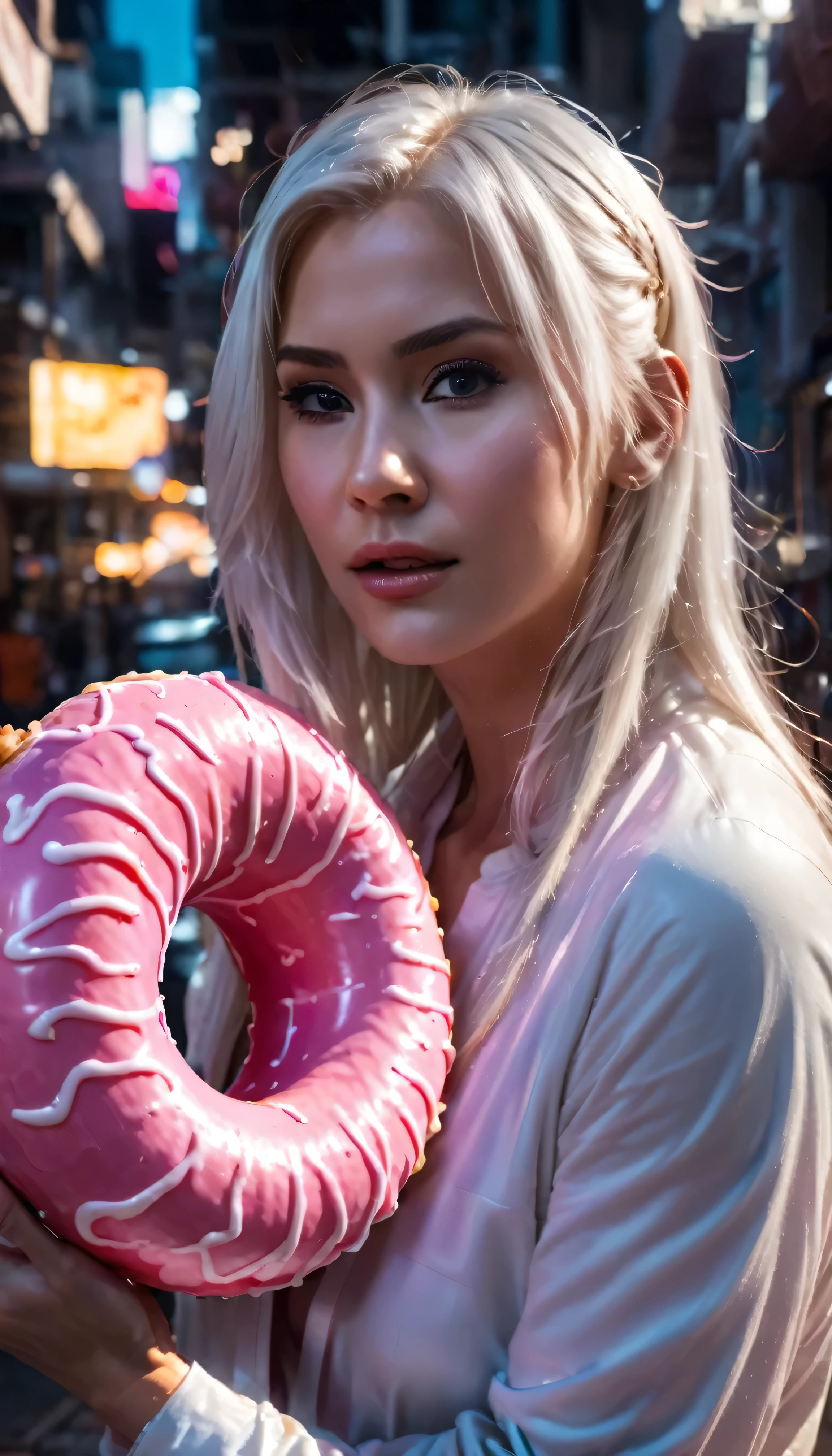 She craves for donut.blond woman with white hair and a pink donut in her mouth.She holds the huge  pink donut upright in her hands. The donut has white melted sugar coating running in veins.there is red nightlamp that gives sensual lightning. close - up profile face, detailed closeup face, close - up profile, character close up, closeup of face, detailed unblurred face, closeup shot of face, closeup of the face, cinematic close-up bust shot, character close-up, close up of face, tifa lockhart with white hair