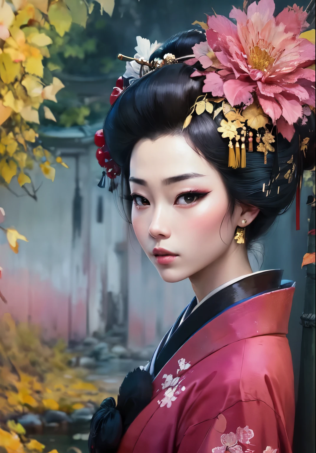 ((수채화 그림)) of a 게이샤 woman, close up Portrait de 게이샤, Portrait of a 게이샤, 뷰티 게이샤, 게이샤, 일본 게이샤, Portrait of a beautiful 게이샤, 헤어스타일 게이샤, 일본 미술, 사무라이 초상화, Portrait photo de 게이샤, 게이샤는 일본인으로 묘사됨, 일본 예술 스타일, inspired by Toyohara Kunichika