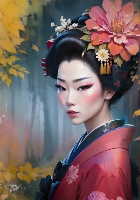 ((watercolor Painting)) of a geisha woman, close up Portrait de geisha, Portrait of a geisha, Beauty Geisha, geisha, Geisha japo...