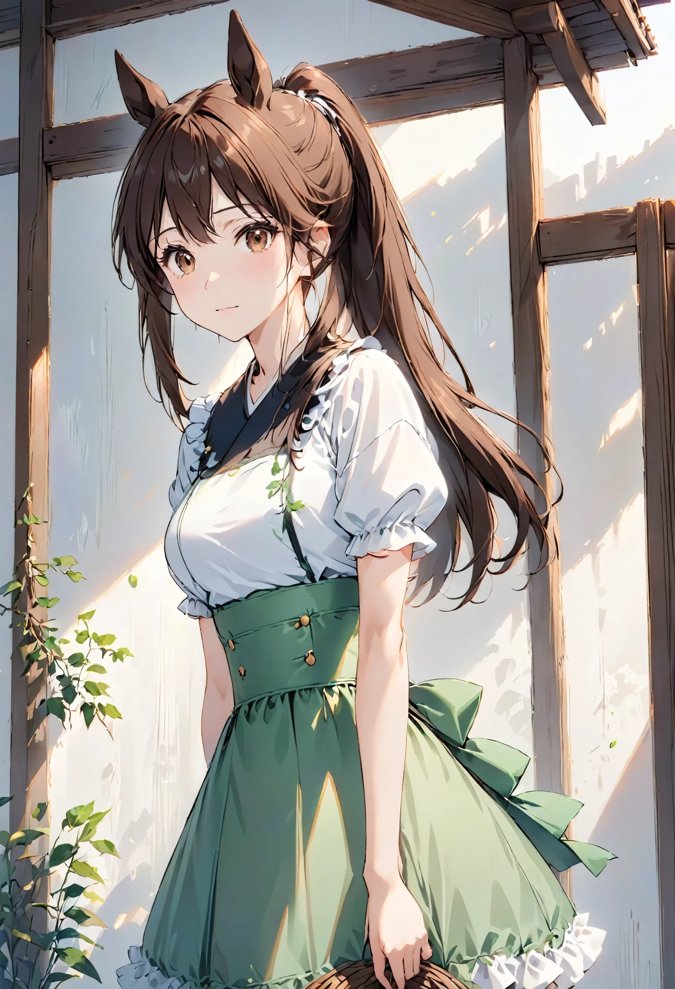 1 Girl, Solitary, Fresh beans, Horse girl, Horse Ears, Ponytail, Brown eyes, brown hair, long hair, A faint smile, Ear arch, Ruffle skirt, Green skirt, High waist skirt, puffy short sleeves, Thin, slim, (Japanese:0.8)