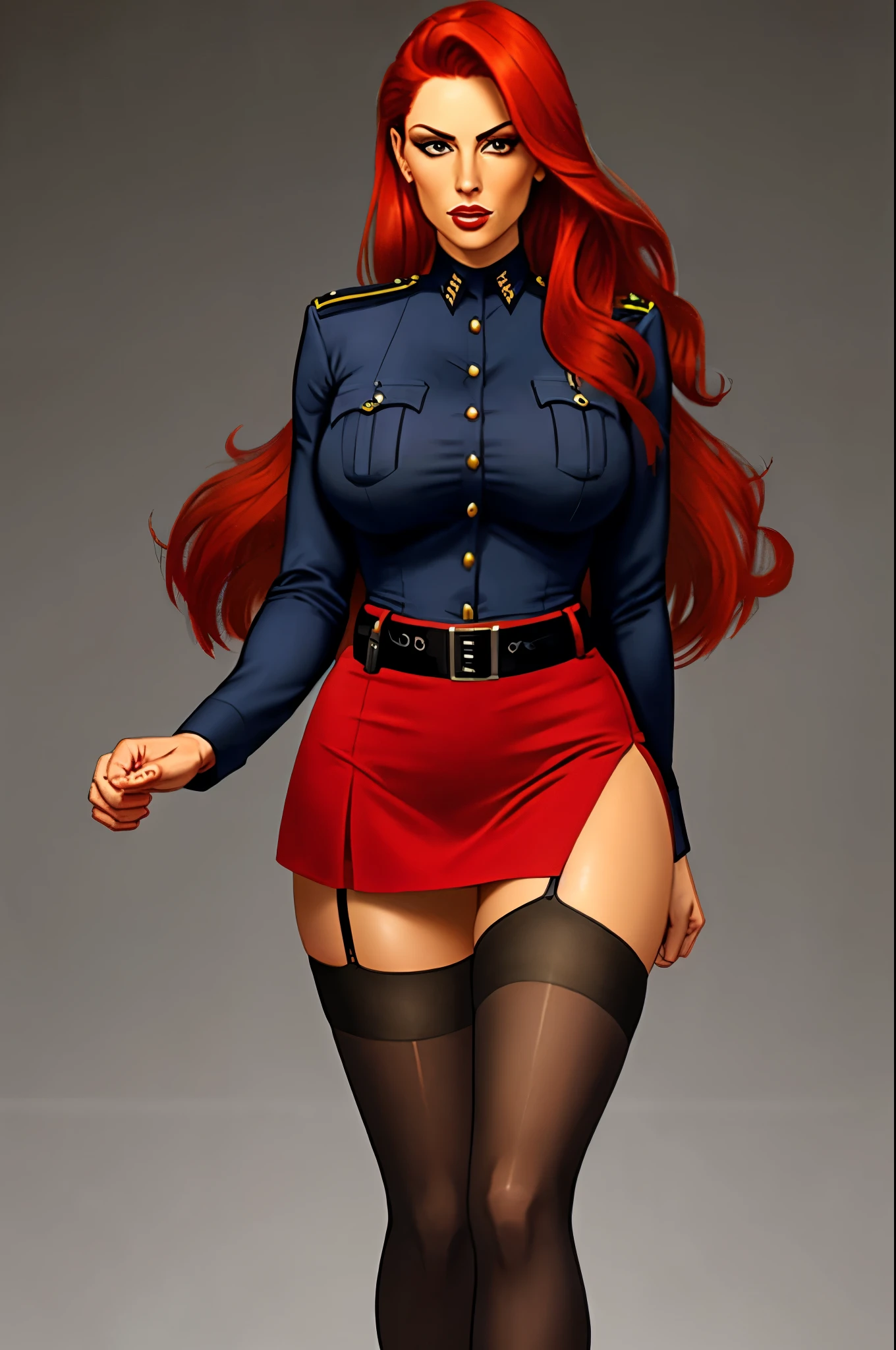 policia tetona, sexy uniform. Realista, cabello rojo, falda corta, medias